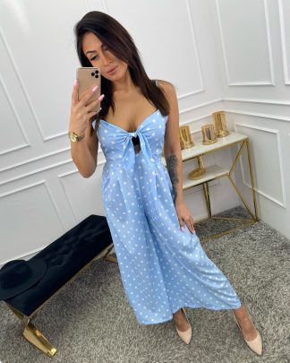 Bodkovaný overal LAVIA BABY BLUE vzdušný s krásnym dekoltom