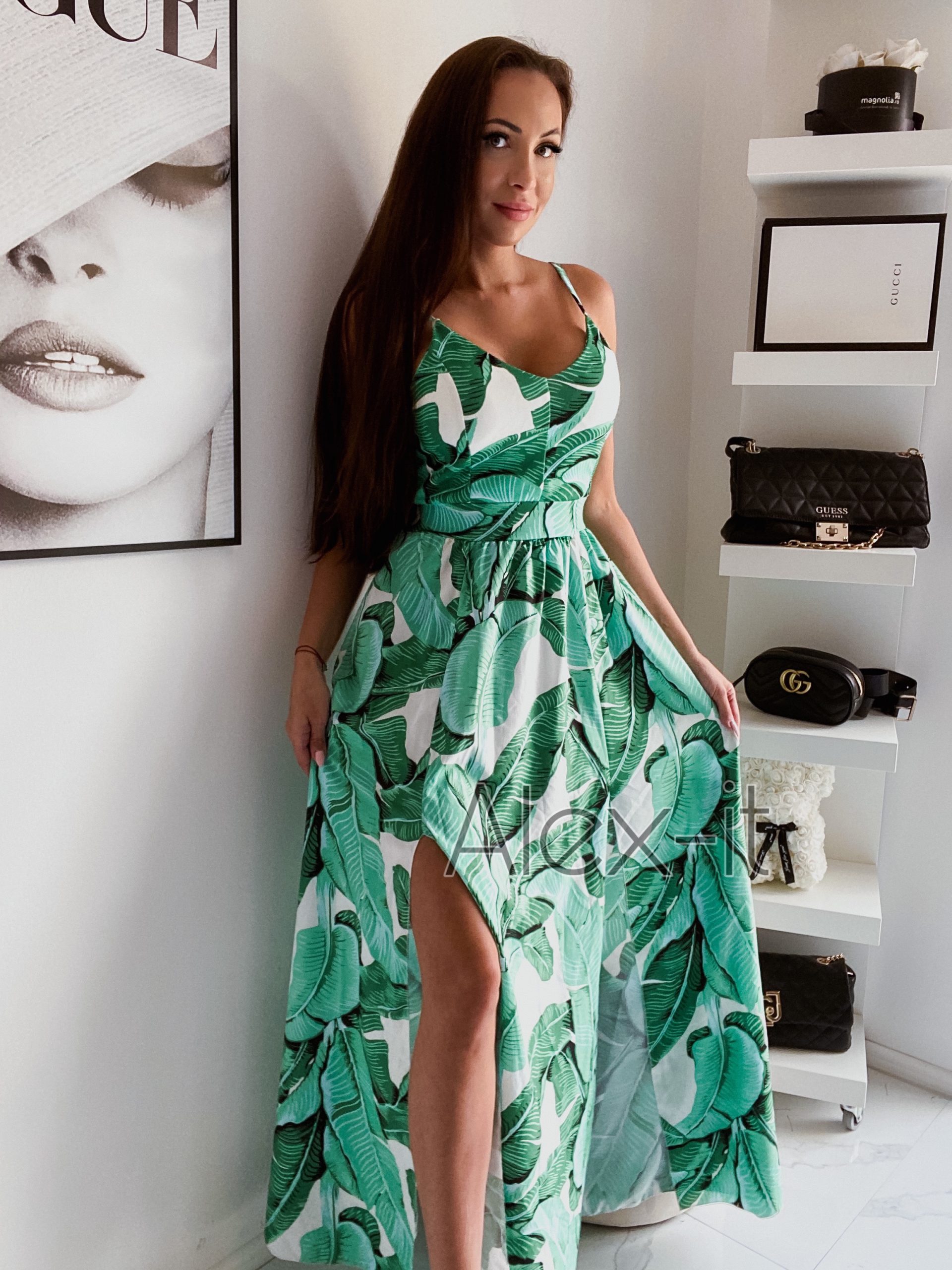 Zelené dlhé šaty HAVANA s prekrásnym sviežim vzorom